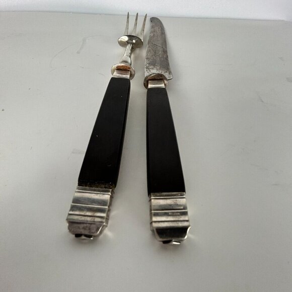 French Paris Silverplate RARE Ebony Two-Piece Carving Set Fork w/ Stand & Knife - Picture 5 of 16